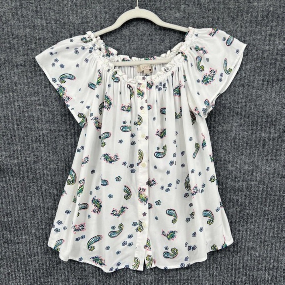 Loft Top Blouse Womens Small White Paisley Print Peasant Off Shoulder Button Up